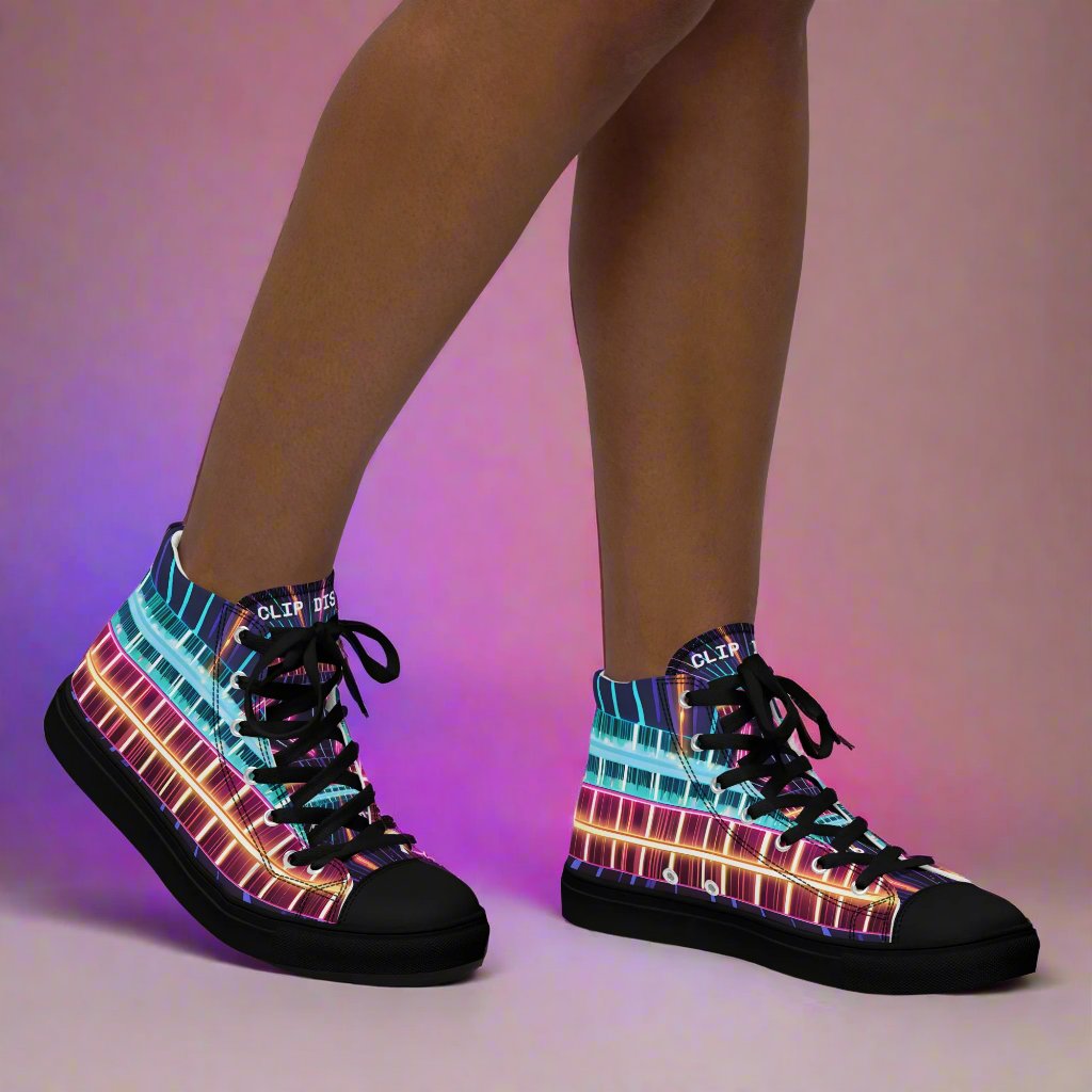 Clip Dist. Women’s high top canvas shoes - Free Delivery! Rock / Metal / Electronic / EDM / Underground - Alternative Apparel and Merch Only from Phase B Records.