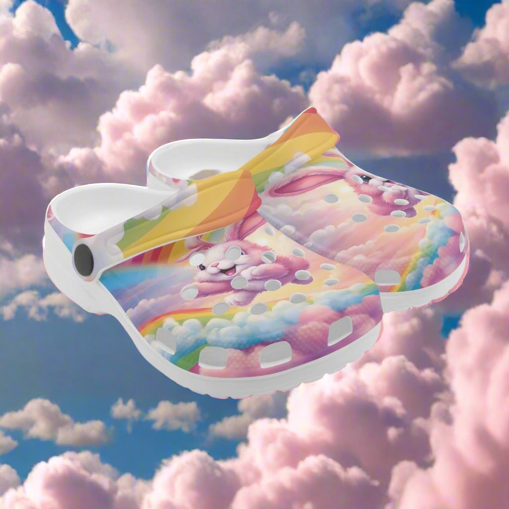 Flying Pink Bunny Rabbits Rok-Clogs - Alternative Art Clogs for Kids