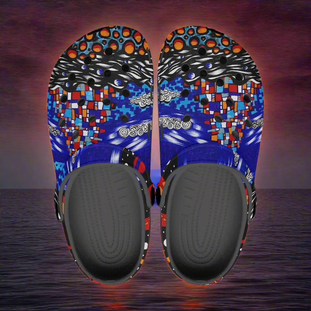 Jess Lewis Pen Art Printed Abstract Southsea Beach Rok-Clogs - Alternative Art Clogs for Men/Women/Kids