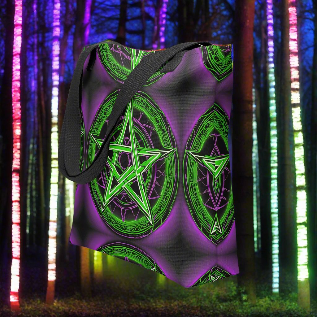 Green & Purple Pentagram Tote bag - Free Delivery! Rock / Metal / Electronic / EDM / Underground - Alternative Apparel and Merch Only from Phase B Records.