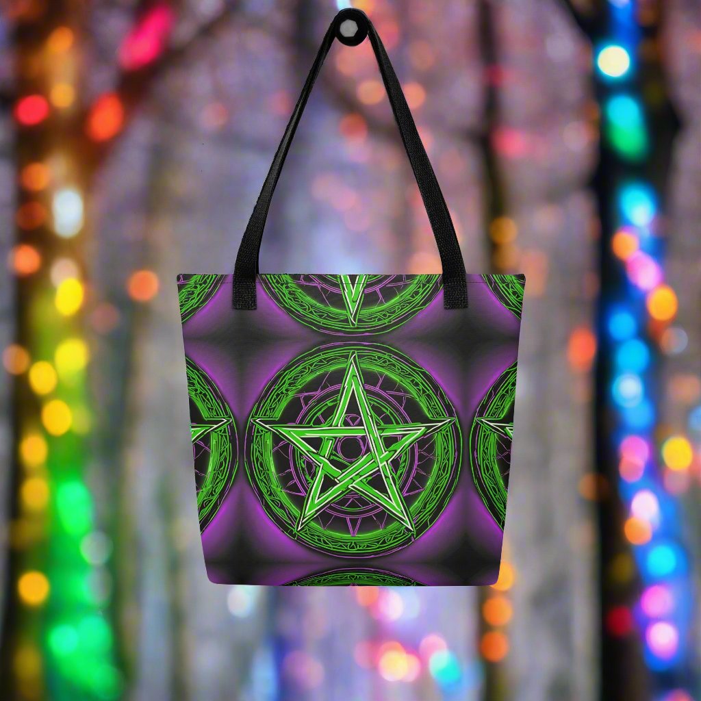 Green & Purple Pentagram Tote bag - Free Delivery! Rock / Metal / Electronic / EDM / Underground - Alternative Apparel and Merch Only from Phase B Records.
