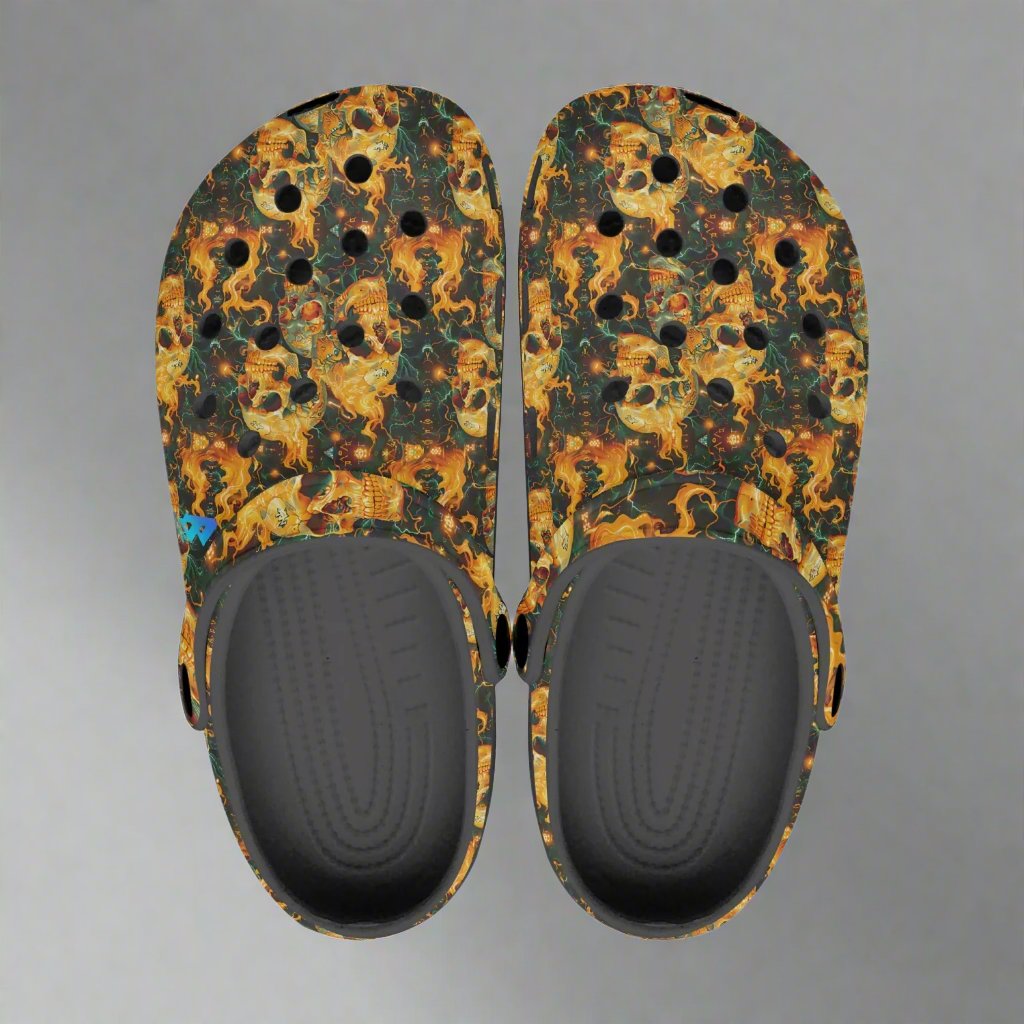 Orange flaming skulls clogs.phase b records.Rok-Clogs