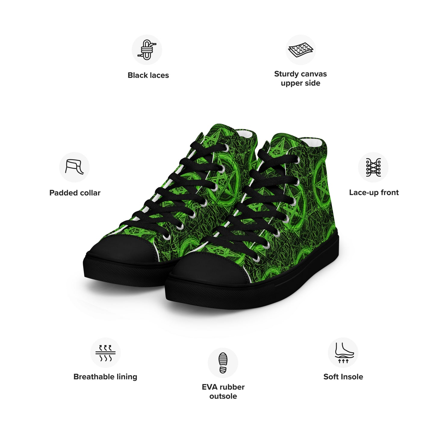 Pentagram Green Women’s high top canvas shoes - Free Delivery! Rock / Metal / Electronic / EDM / Underground - Alternative Apparel and Merch Only from Phase B Records.